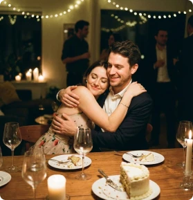 Wedding guests having fun and posing with a photo booth frame