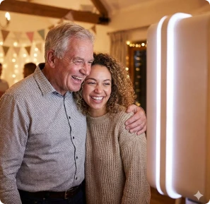 Smiling couple sitting on the floor looking at printed photo booth pictures