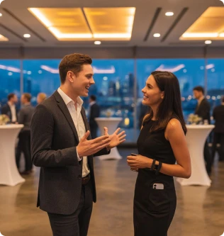 Couple talking at a corporate event