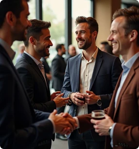 Men talking and drinking at a corporate event