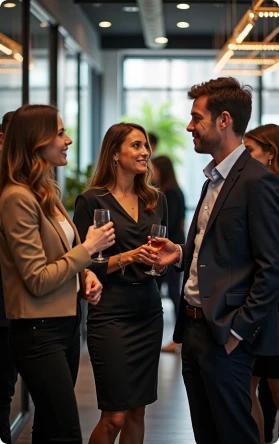 Three people talking in a modern office