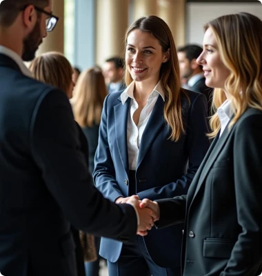Two people shaking hands at a corporate event